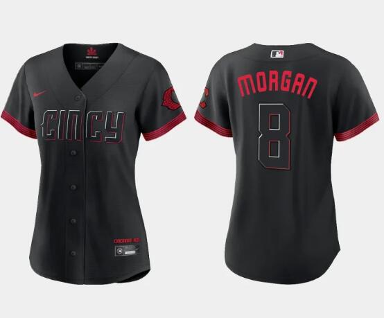 Women's Cincinnati Reds #8 Joe Morgan Black 2023 City Connect Stitched Baseball Jersey(Run Small)